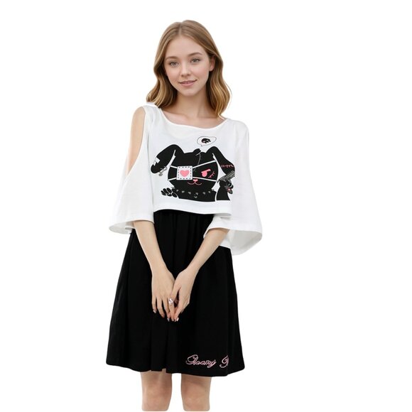 Gloomy Bunny 2-Piece Kawaii Dress Set Graphic Tee Spaghetti Strap Cartoon Dress - Picture 3 of 8